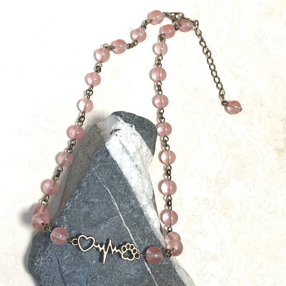 Cute Cherry Quartz Bronze Paw Print Heart Beat Adjustable Pendant Choker - Picture 6 of 16